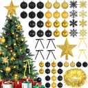 86PCS Black and Gold Christmas Tree Decorations Hanging Ornaments Set, Shatterproof Plastic Christmas Star Tree Topper Xmas Snowflakes Balls Bows with 65.5ft LED String Lights for Xmas Tree Decoration