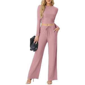 FREEOAK Women's Two Piece Outfits Lounge Sets Long Sleeve Ruched Top & Wide Leg High Waist Pants with pockets Size XL