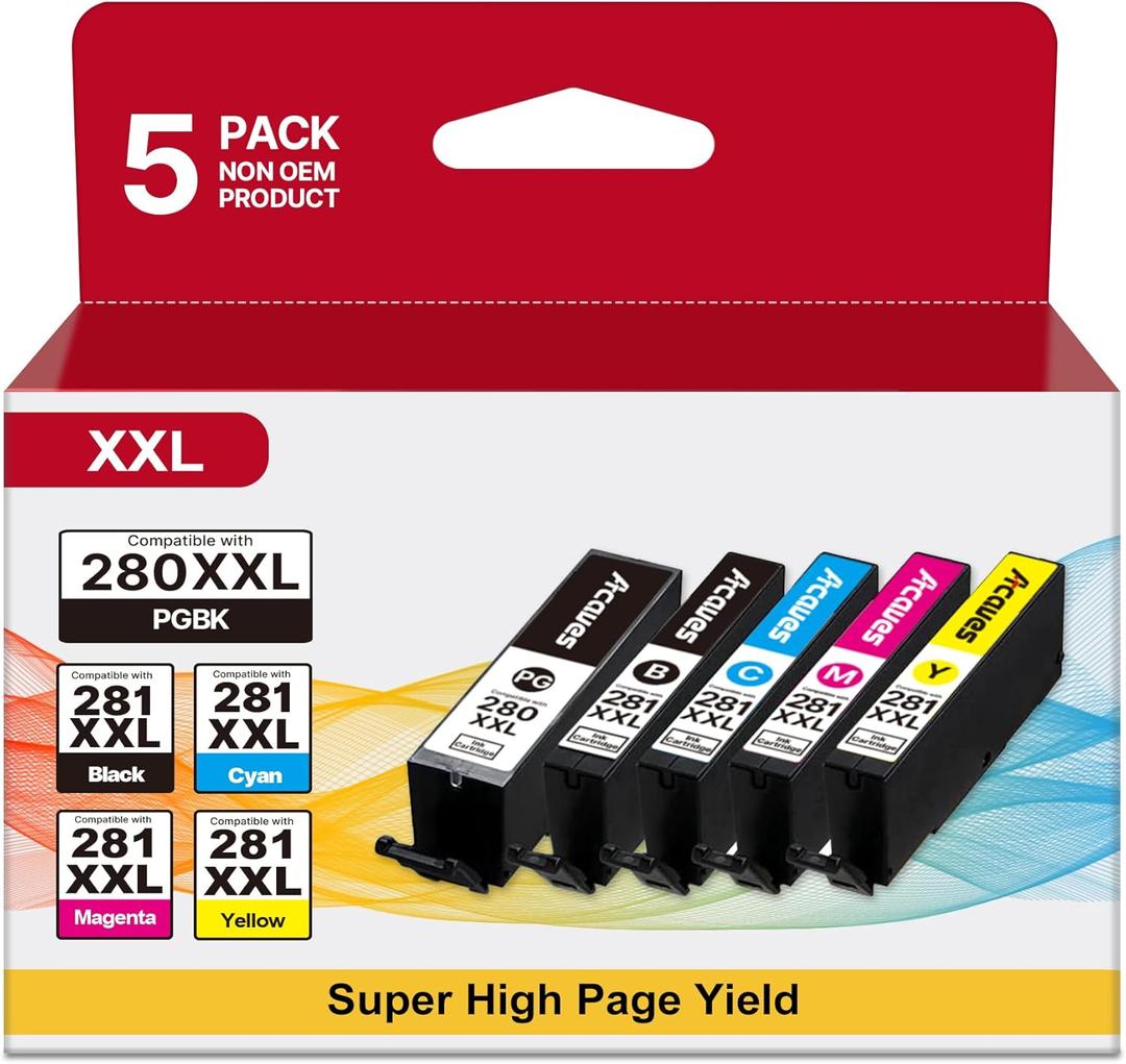 280XXL 281XXL Ink Cartridges 5 Pack High Page Yield Compatible for Canon 281 Ink Cartridges 280 Work with Canon TR8620A TR8600 TR8520 TS702A TS7720 TS9520 TS9521C Printers