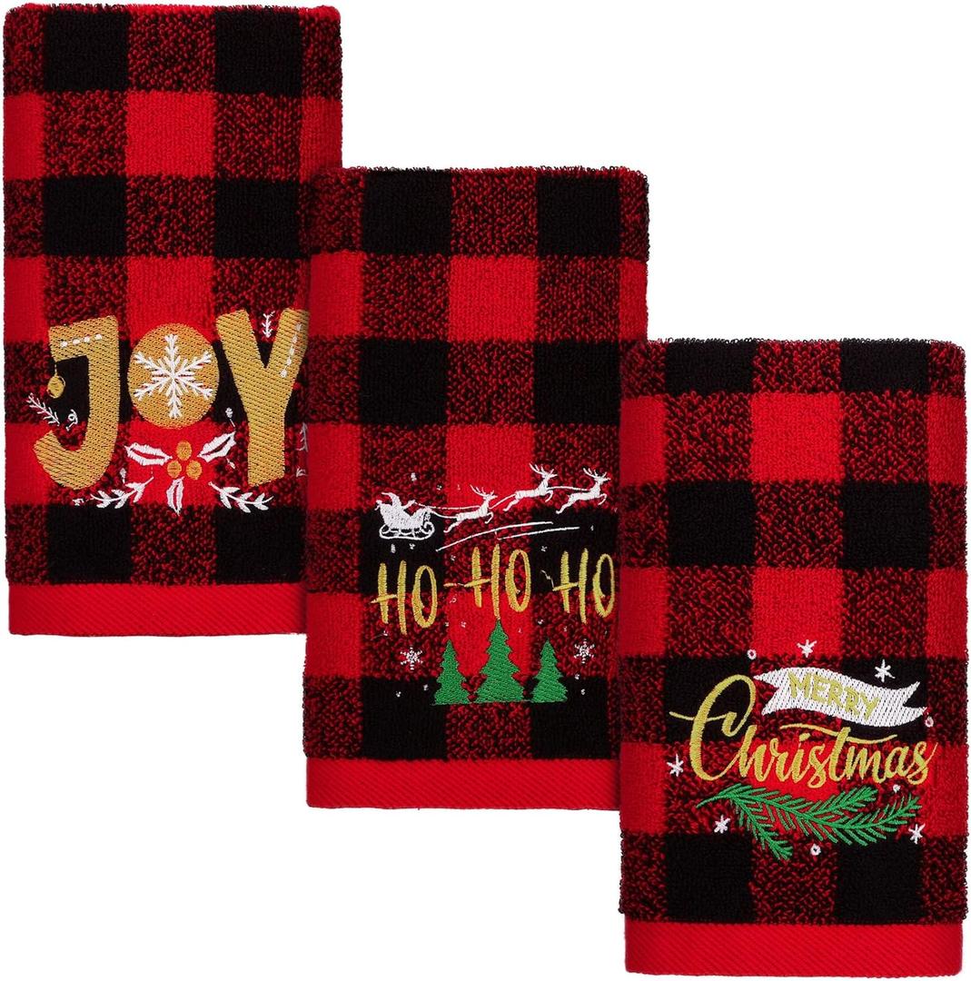 MCEAST 3 Pack Large Size Christmas Hand Towels 25 x 14 Inch Christmas Kitchen Towel 100% Cotton Towels Decorative Embroidery Holiday Towels for Bathroom Kitchen Dining Room, Red and Black Plaid
