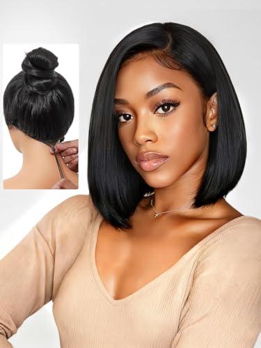 Xinjiju Glueless Bob Wig Human Hair Pre Plucked Pre Cut 6x4 HD Lace Closure Wigs Human Hair 150% Density Wear and Go Short Straight Bob Wigs for Black Women 12 Inch