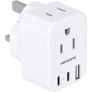 HANYCONY US to UK Ireland Travel Plug Adapter, Type G Travel Adapter 2 Outlets 3 USB Ports(2USB C), UK Power Adapter Converter for USA to Dubai England London Scotland British Kenya Irish Hongkong