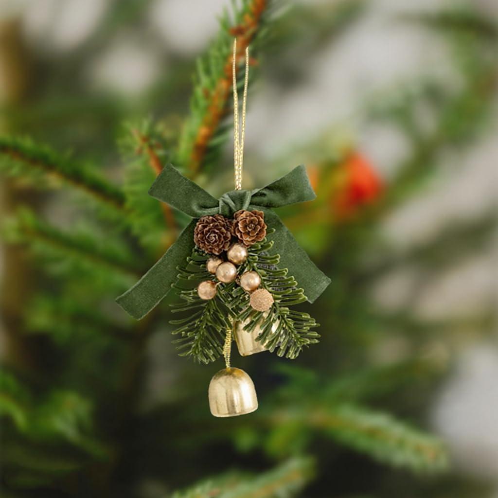 Green Velvet Bows Christmas Bell Hanging Ornament for Wreath, Xmas Tree Topper Pine Leaves Bell Craft Decor for Home Door Tree Christmas Party Decorations