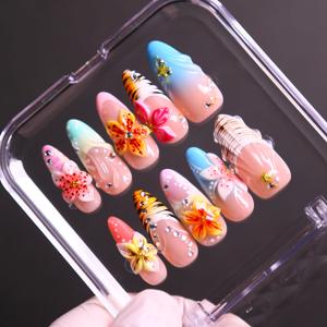 MAGLFELL Press On Nails, 10 Pcs Handmade French Stiletto Fake Nails, Reusable Artificial Unique 3D False Nails for Women 3D Acrylic Nails Kit (Size M)