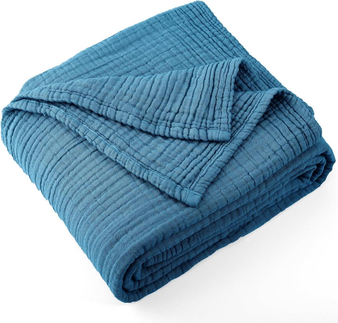 Carriediosa 100% Cotton Muslin Throw Blanket 66" X 90" Twin XL Size 4-Layers Summer Gauze Throws for Bed Couch Soft Lightweight Breathable Linen Blankets Bedspread for Adults All Season, Dusty Blue