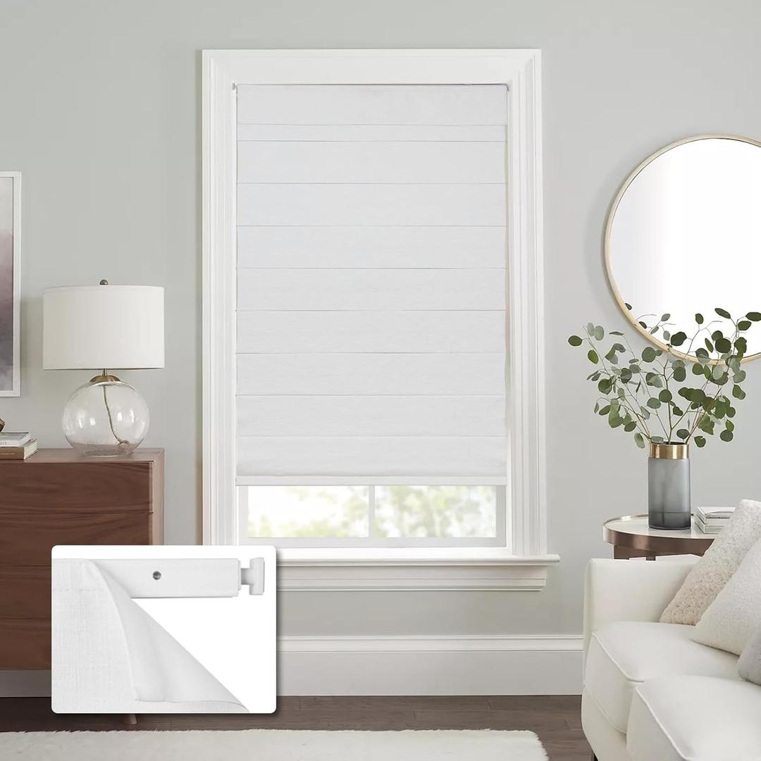 No Drill Cordless Roman Shades for Windows No Tools Roman Shades, Blinds for Indoor Windows, UV Protection (White, 27" W x 48" H)