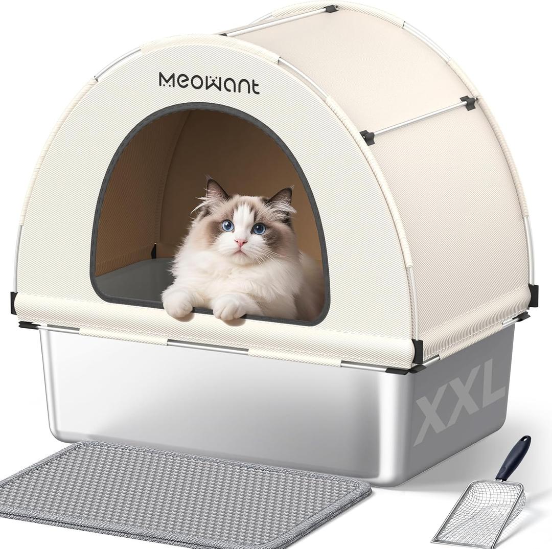 Meowant Stainless Steel Cat Litter Box with Lid, Extra Large Metal Litter Box with DIY Oxford Fabric Cover, Anti-Leakage & Non-Sticky, Odor Control, Easy Cleaning, Includes Litter Mat & Metal Scoop (Grey)