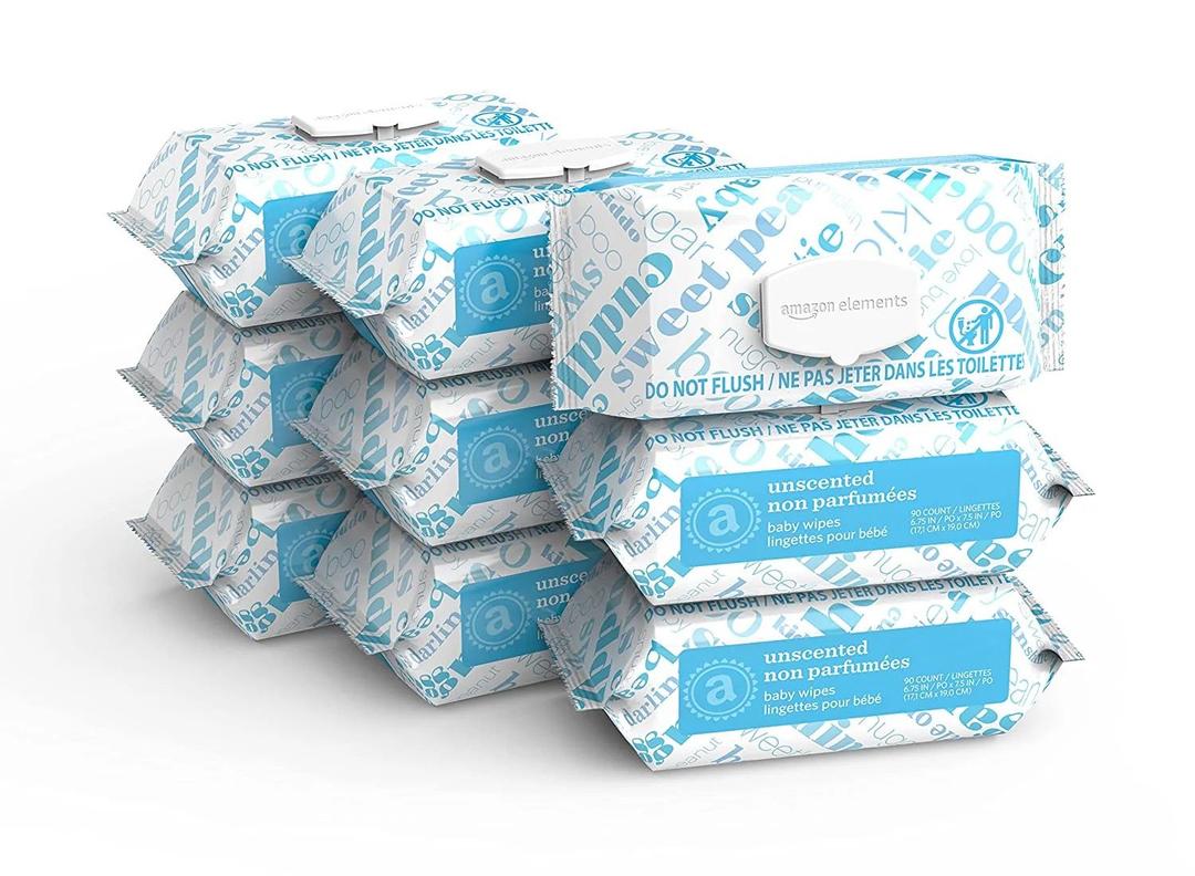 Amazon Elements Baby Wipes, Sensitive, 810 Count, Flip-Top Packs, Pack of 9
