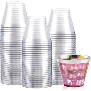 I00000 100PCS Silver Plastic Cups,9 oz Clear Plastic Cups with Silver Trim, Heavy-Duty Disposable Hard Plastic Cups For Party, Premium Silver Rimmed Plastic Cups Perfect for Wedding & Party
