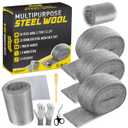Steel Wool Mice Control - 3 Pack 2.75 in x 11.5 Ft Steel Wool & 1 Pack 5 in x 15 Ft Wire Mesh with Wooden Stick & Gloves & Scissors, Mouse Hole Filler for House Garden Polishing Chrome, Glass