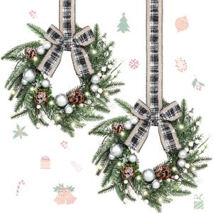 Thiccywoov 2 Pcs 9 Mini Christmas Wreath for Cabinet Front Door Christmas Green and White Artificial Ball Cone Winter Wreath for Wedding Window Home Wall Indoor Decor