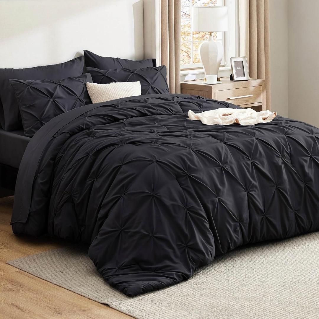 Bedsure California King Comforter Set Black - Bed in a Bag California King Size 7 Pieces, GentleSoft Pintuck Bed Set Gift for Family, Pinch Pleat Black Comforter with Sheets, Pillowcases & Shams (04 - Black)