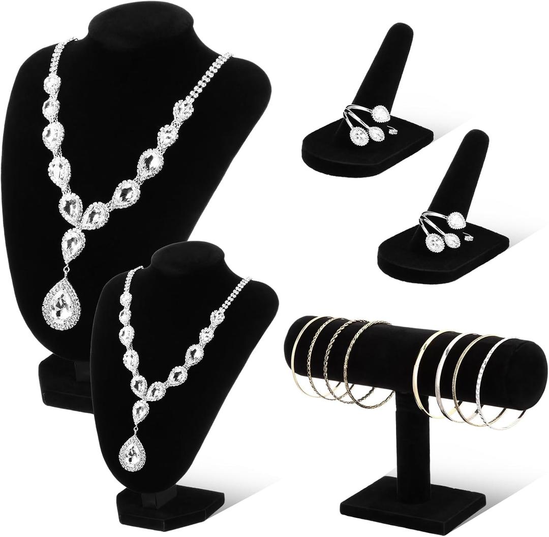 Wenqik 5 Pcs Velvet Jewelry Display Set Necklace Bust Holder T Bar Bracelet Holder Ring Display Stand Jewelry Organizer for Vendors Selling Trade Show Retail Home Decor (Black)