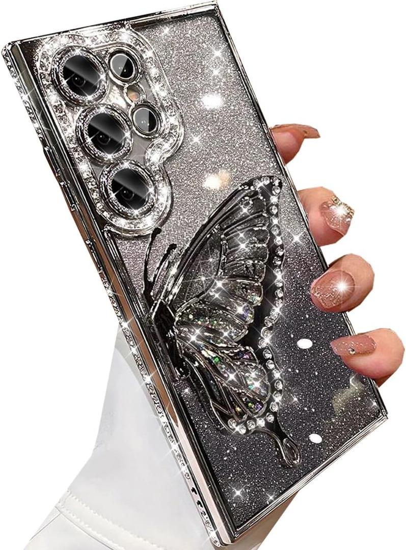 for Samsung Galaxy S25 Ultra Glitter 3D Butterfly Case,Cute Luxury Bling Sparkly Diamond Rhinestone Liquid Flowing Case with Camera Lens Protector Women Girls Case for Galaxy S25 Ultra,Silver