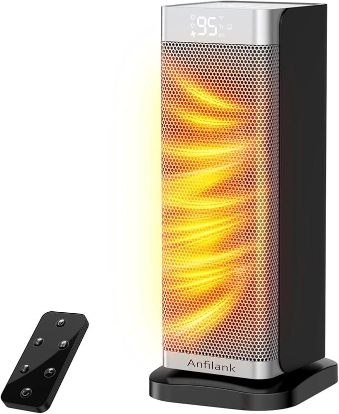 Space Heater with Room Temp Display, 1500W Fast Heating PTC Ceramic Electric Heater for Large Room, 70° Oscillation, Remote, Thermostat, 12H Timer, Quiet for Office and Bedroom