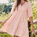 Dokotoo Womens Dresses Summer V Neck Drawstring Embroidered Half Sleeve Mini Dress Boho Dresses for Women 2026 Sundresses (Pink, XL)