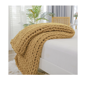 Bigacogo Chunky Knit Throw Blanket for Couch, 40x40 inches, 100% Hand Knitted with Thick Jumbo Chenille Yarn, Cozy Soft Large Rope Knot Cable Crochet Blankets for Sofa Bed Living Room, Goldenrod