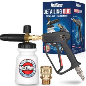 McKillans Pressure Washer Gun with Swivel & Foam Cannon Wide Mouth & M22-14mm Adapter - Adjustable Thick Foam - Power Washer Gun - 3/8" Male Plug & 1/4” Quick Connector Coupler