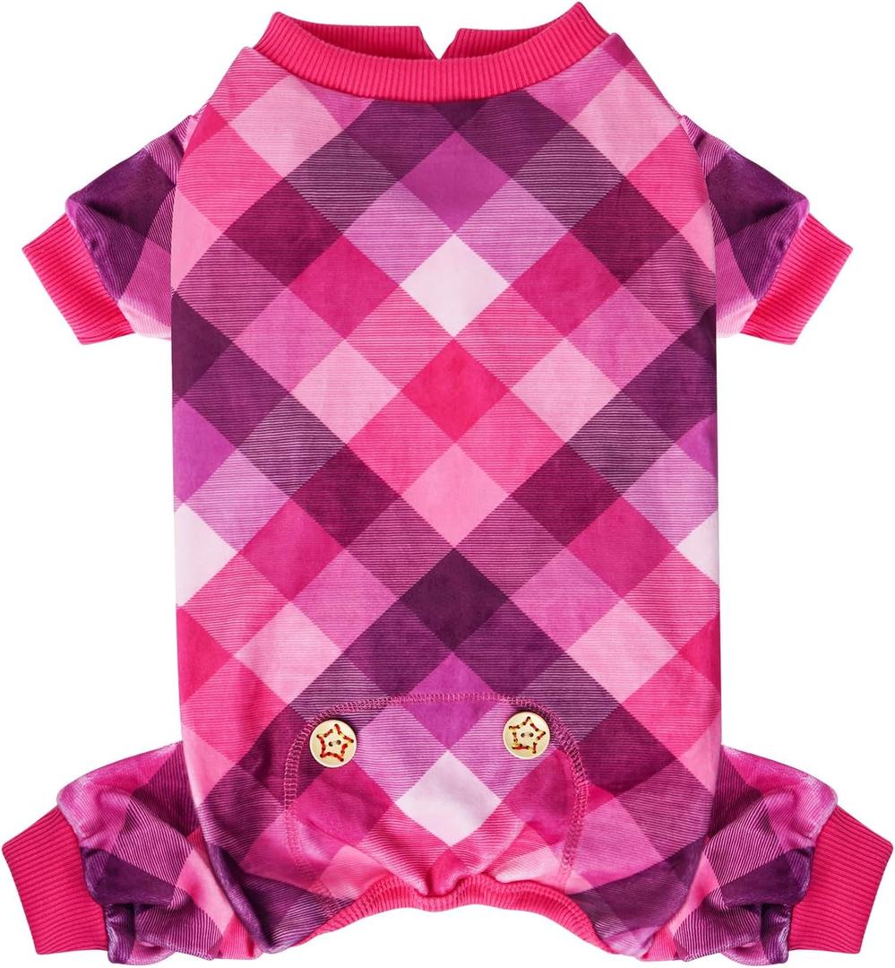 KYEESE Dog Pajamas Stretchy Onesie Lightweight Pjs Comfy Pet Clothes Velvet Doggie Jammies Soft Coat Plaid Dog Pajamas for Small Dogs Boy Girl, Pink, Large (Large (13-22lbs))