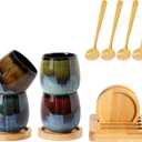 Hand-painted Ceramic Espresso Cup with Bamboo Tray holder and Spoons Set of 4, 2.7 Oz 80ml Kung Fu Tea Set,Demitasse cup,Tazas de Cafe, Yerba Mate Cup,Korean soju(4 Colors Mix)