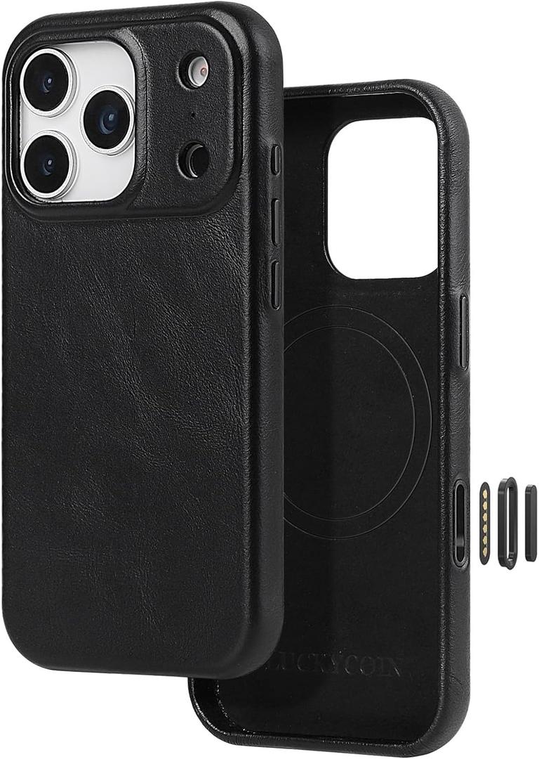 LUCKYCOIN Premium Handcrafted 100% Full-Grain Cowhide Leather Case for iPhone 17 Pro Max 6.9'', Built-in Camera Control Button, MagSafe Compatible, Full Camera Protection, Metal Button, Retro Black