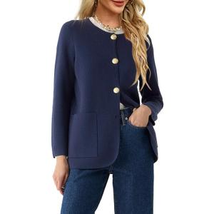 Langwyqu Womens Crew Neck Cardigan Sweaters Blazer Long Sleeve Knit Jacket (L)