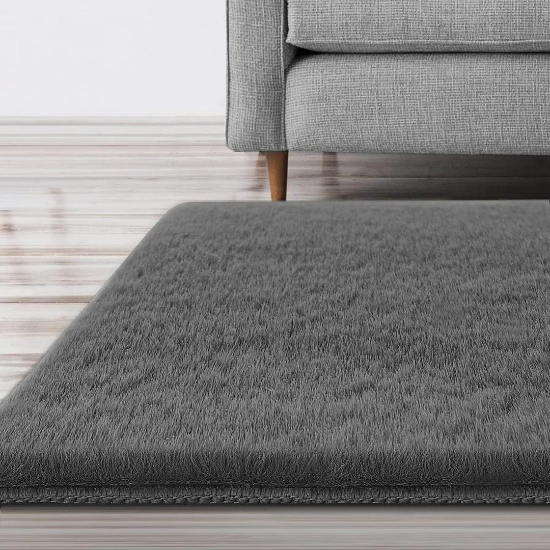 H.VERSAILTEX Super Soft Faux Fur Rug - 2x3 Feet Kids & Nursery, Bedroom & Living Room Carpet, High Pile Shag Plush Throw Rug for Dorm & Teen Room Decor, Grey