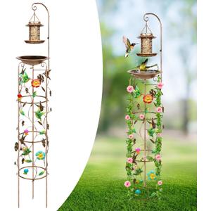 Metal-Bird-Bath with Garden-Trellis Solar-Bird-Feeders for Climbing-Plants-Outdoor - with Decorative Butterflies Hummingbird Antique Iron Garden Plant Trellis 71" Height Hummingbird