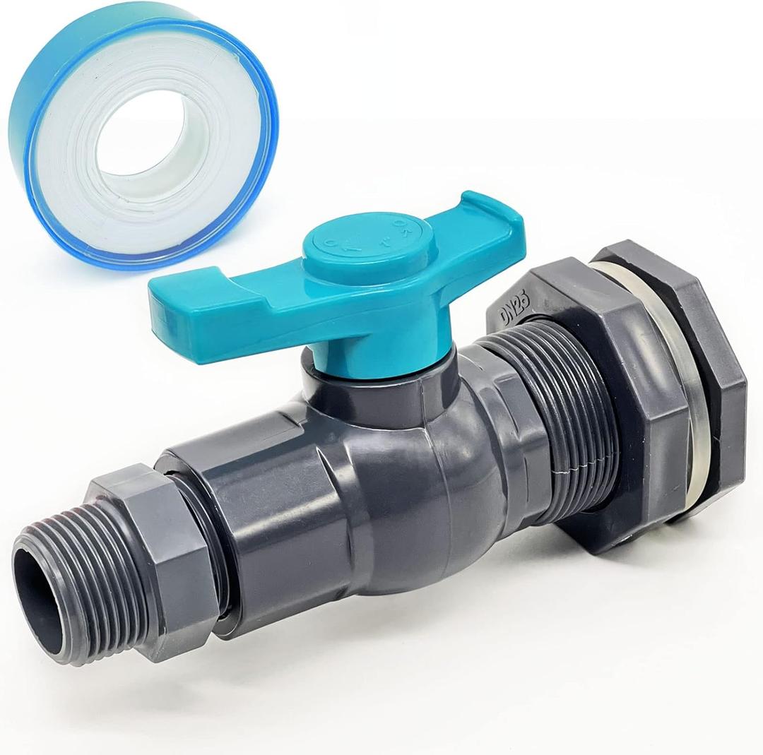 Rain Barrel Spigot Kit 1" (diameter 32 mm) PVC Bulkhead Fitting with Ball Valve and Thread Seal Tape and Garden Hose Male Threaded Adapter (kit for 1inch Female)