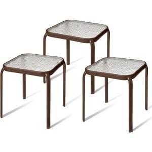 Bronze Metal Outdoor Side Table with Tempered Glass Top Set of 3 Elegant Small 16" Square Patio Table Durable Weather-Resistant Coffee Bistro Accent End Table for Outside and Garden