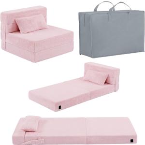 Folding Sofa Bed Floor Mattress for Kids with Pillow, Toddler Washable Folding Floor Nap Mat for Sleeping Daycare, Child Fold Up Sofa Futon Chair Bed with Storage Bag for Children (Plush Pink)