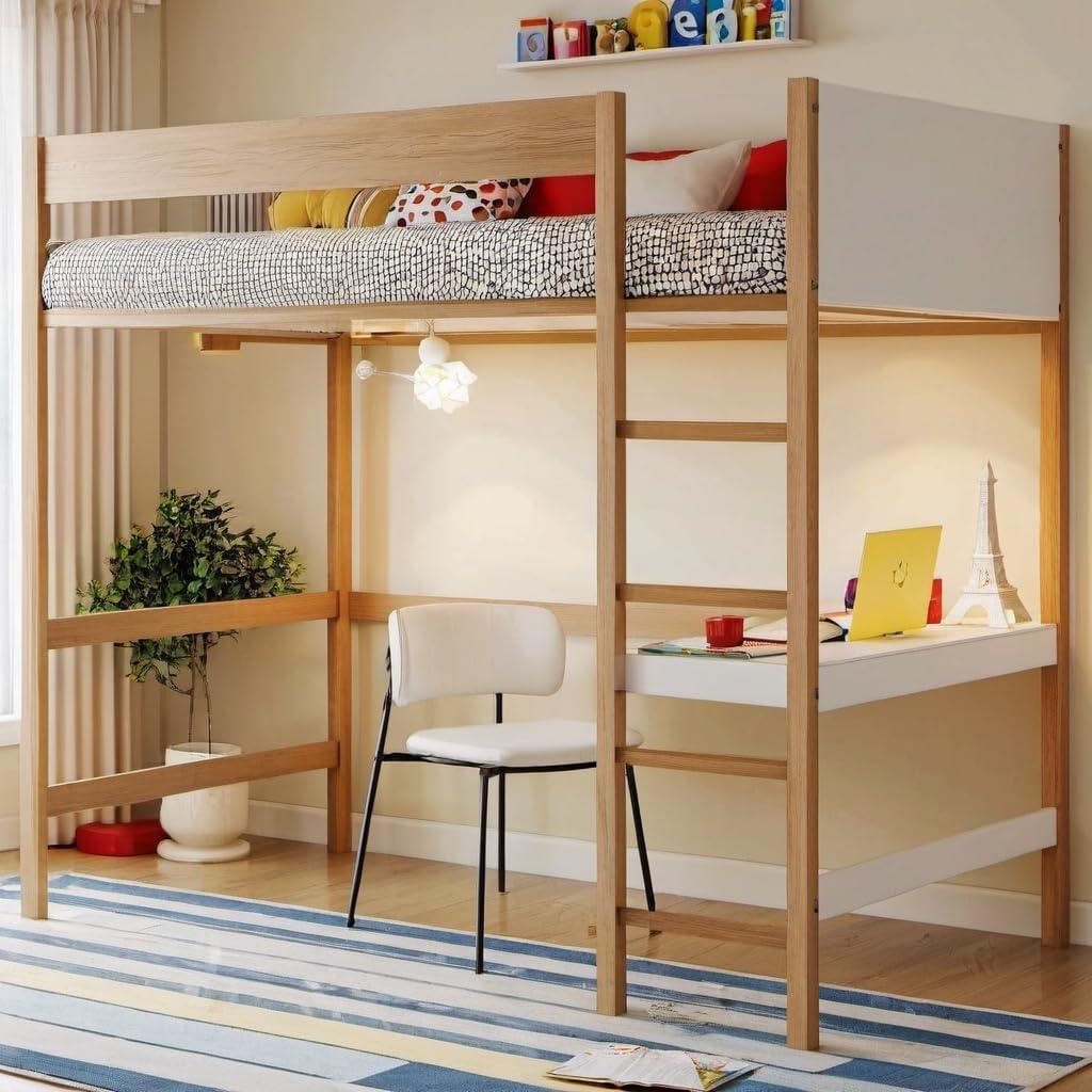 PVWIIK Twin Size Loft Bed with Desk and Upholstered Headboard and Footboard for Girls & Boys,Rubber Wooden Bed Frame with Ladder, Safety Guardrails,Natural