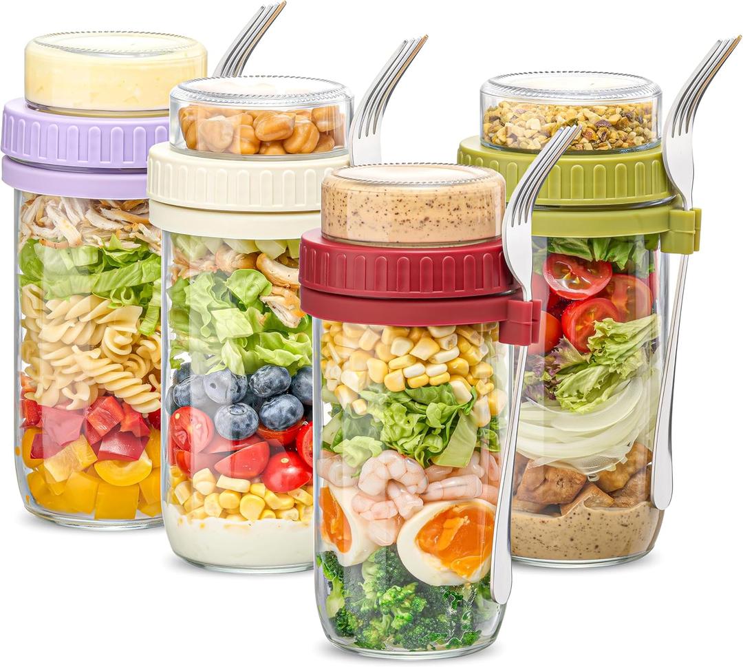 Danmu 24 oz Glass Meal Prep Containers 4-Pack with Lid & Dressing Cup - Leak Proof Salad Jars & Overnight Oats Containers with Lids Stainless Steel Fork Included for On the Go Lunch, Work, Fitness