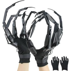 Halloween Articulated Fingers with Extension Nails & Gloves, Upgrade 3D Claw Hands Skeleton Articulated Finger Extensions for Cosplay, Flexible Halloween Gear Decoration Fits Most Finger Sizes-Black