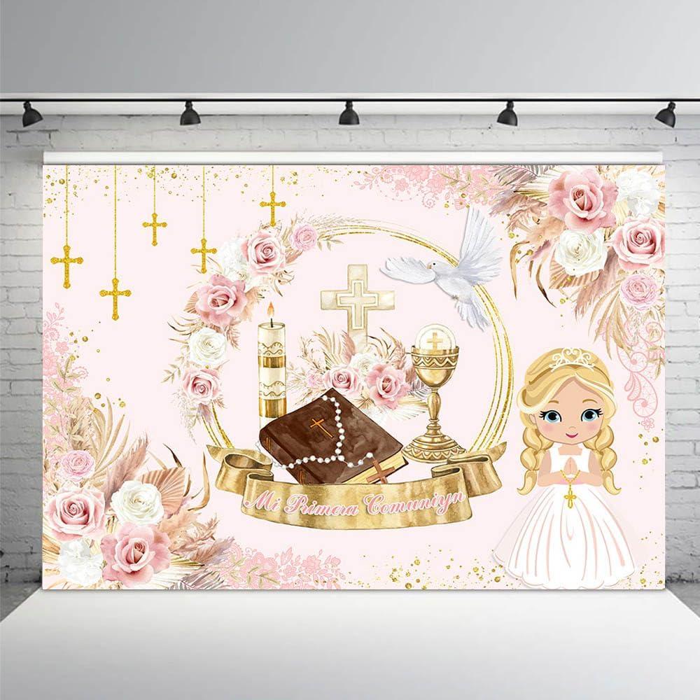 7x5ft Mi Primera Comunion Backdrop for Girl God Bless Baptism Party Decorations Christening Ceremony Mi Bautizo Banner Pink Boho Floral Photography Background Photo Props