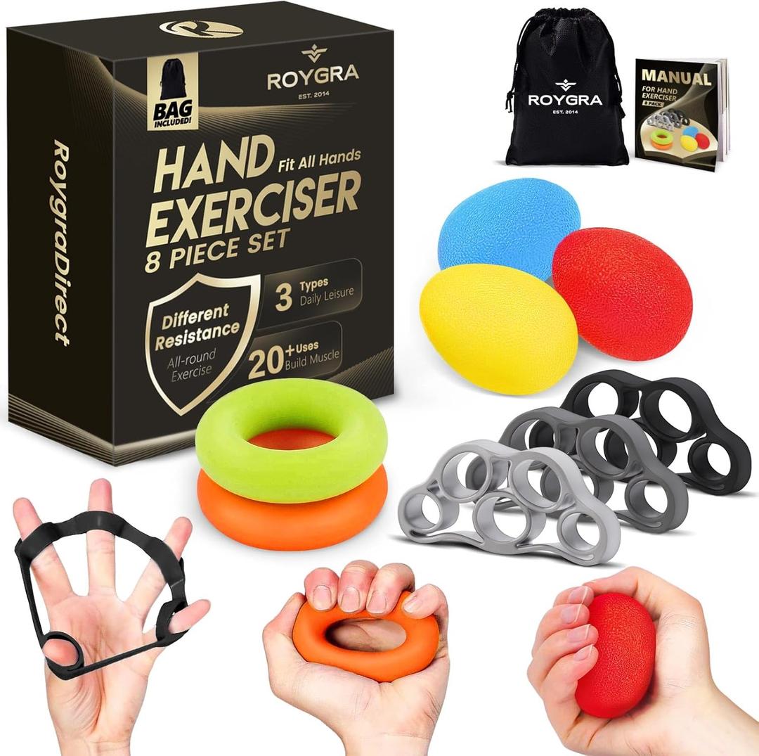 Roygra Grip Strength Trainer (8 Pack), Forearm Strengthener, Stress Balls for Adults, Hand Strengthening Devices, Wrist Finger Strengthener, Physical Therapy Exercise Equipment, Golf Baseball Climbing