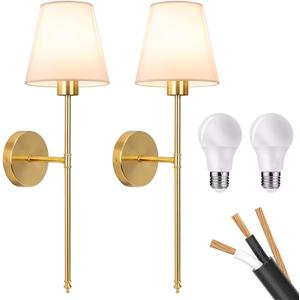 Wall Sconces Sets of 2, Classic Brushed Brass Sconces Wall Lighting, Hardwired Bathroom Vanity Light Fixture with Fabric Shade for Bedroom Living Room Hallway Kitchen (Bulbs Included) (Warm Light)