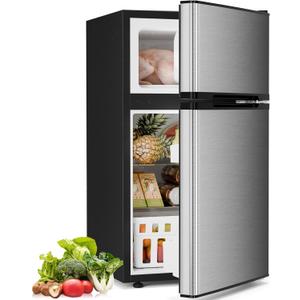 Antarctic Star Compact Refrigerator with Freezer,2 Door Mini Fridge,Adjustable Shelf,Adjustable Thermostat,for Bedroom,Office,Dorm,Kitchen,3.2 Cu.Ft.Silver