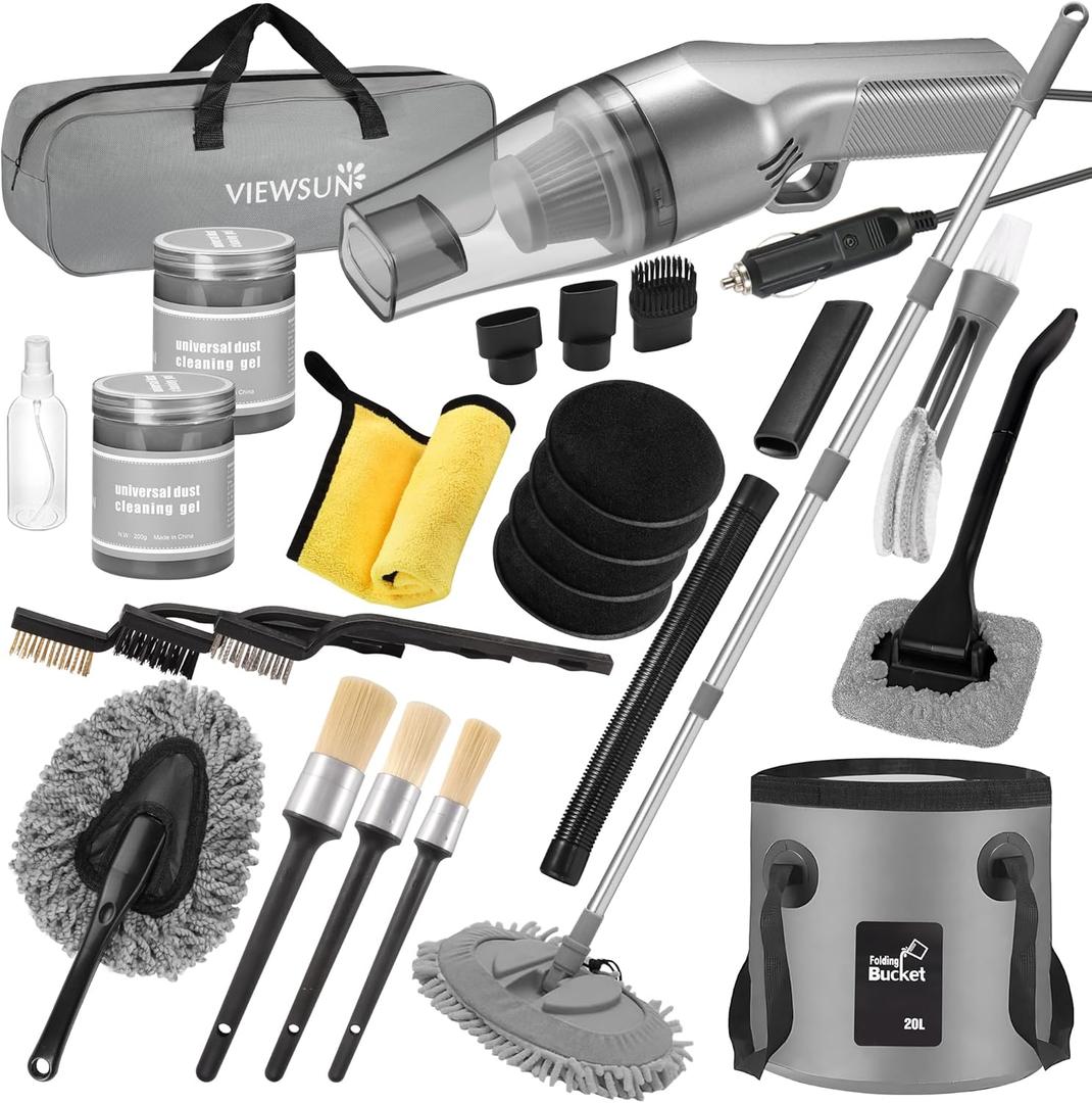 Viewsun 21Pcs Car Cleaning Kit with High Power Handheld Vacuum, Car Wash Mop with Long Handle, Bucket, Detailing Brush Set, Windshield Cleaner, Complete Interior Exterior Washing Supply for Men Women