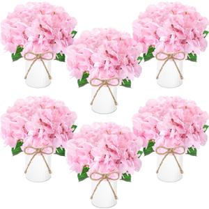 Mimorou 6 Sets Flower Table Centerpieces Pink Artificial Wedding Faux Hydrangeas with Rustic Metal Vase for Office Home Kitchen Table Wedding Bridal Tea Party Decoration