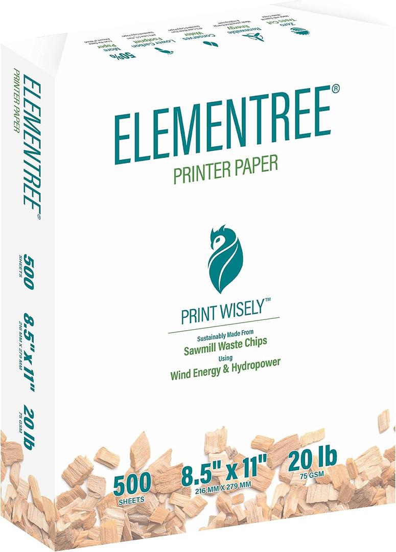 Elementree Sustainable Printer Paper 8.5 x 11 White, 20-Pound Printer Paper, 500 Sheets Multipurpose Blank Paper for Everyday Office Supplies Essentials, Copy Paper for Printer (00918)