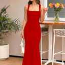 BORIFLORS Women's Ruched Bodycon Maxi Dress Mesh Sleeveless Square Neck Formal Beach Wedding Guest Cocktail Long Dresses (Red, L)