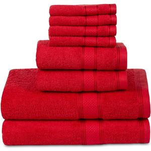Casa Lino Bath Towel Set of 8 (2 Bath Towels, 4 Wash Cloths & 2 Hand Towels for Bathroom) - 100% Cotton - Highly Absorbent & Quick Dry - Guest Room Essentials for Bathroom Set - (Red)