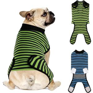 Dog Recovery Suit, 2 Packs, Breathable Cotton, Abdominal Wounds Protection, Anti-Licking Onesies for Male Female Pets, Surgery Bandages, Size M, Blue & Green Stripes