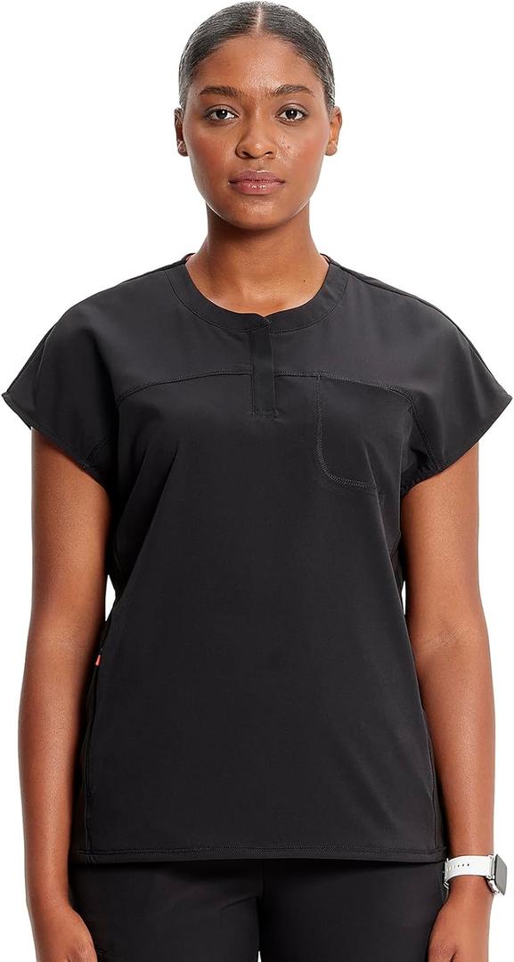 Cherokee Infinity Womens Round Neck Scrub Top, Partial Zip Covered Placket, 3 Zip Pockets, PROTX2 Technology - IN622A (Small, Black)