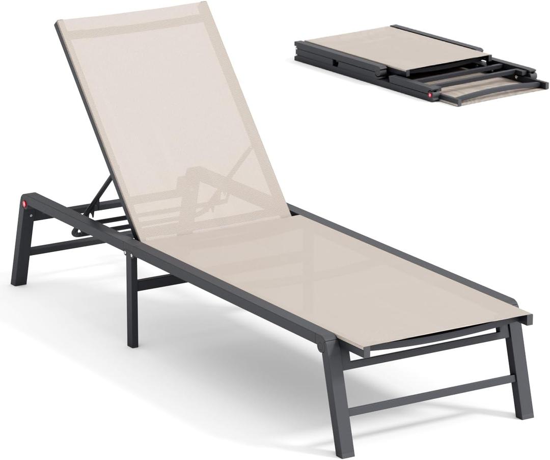 Aluminum Chaise Lounge Chair Outdoor, Foldable Patio Lounge Chair Assemble-Free, Pool Lounge Chairs with 5 Adjustable Backrest, Outdoor Lounge Chairs for Outside Poolside Beach Lawn Beige