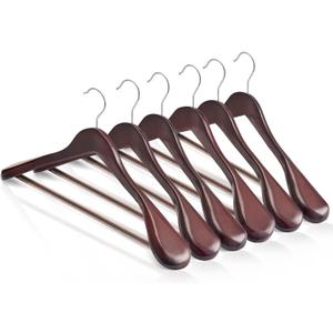 HOUSE DAY Wood Suit Hangers for Men, Wide Shoulder Wooden Hangers with Non Slip Pants Bar, Smooth Retro Finish 360 Swivel Hook Solid Wood Coat Hangers for Heavy Clothes Hanger 6 Pack (Cherry Wood)