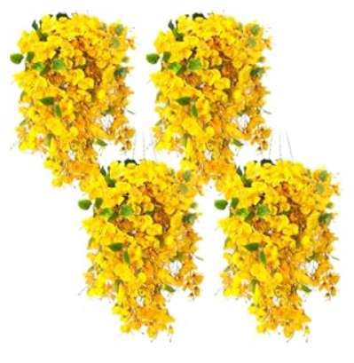 XunYee 4 Pcs Artificial Fake Hanging Plants Flowers for Spring Decoration Outdoor Wedding Vine Plant Hibiscus Flowers Long Trailing Vines Realistic UV Resistant Plants for Front Door Porch(Yellow)