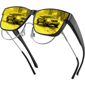 XVXV Night Vision Glasses Fit Over Glasses for Men Women - Polarized Anti Glare HD Yellow Lens Night Driving (Matte Black/Yellow)