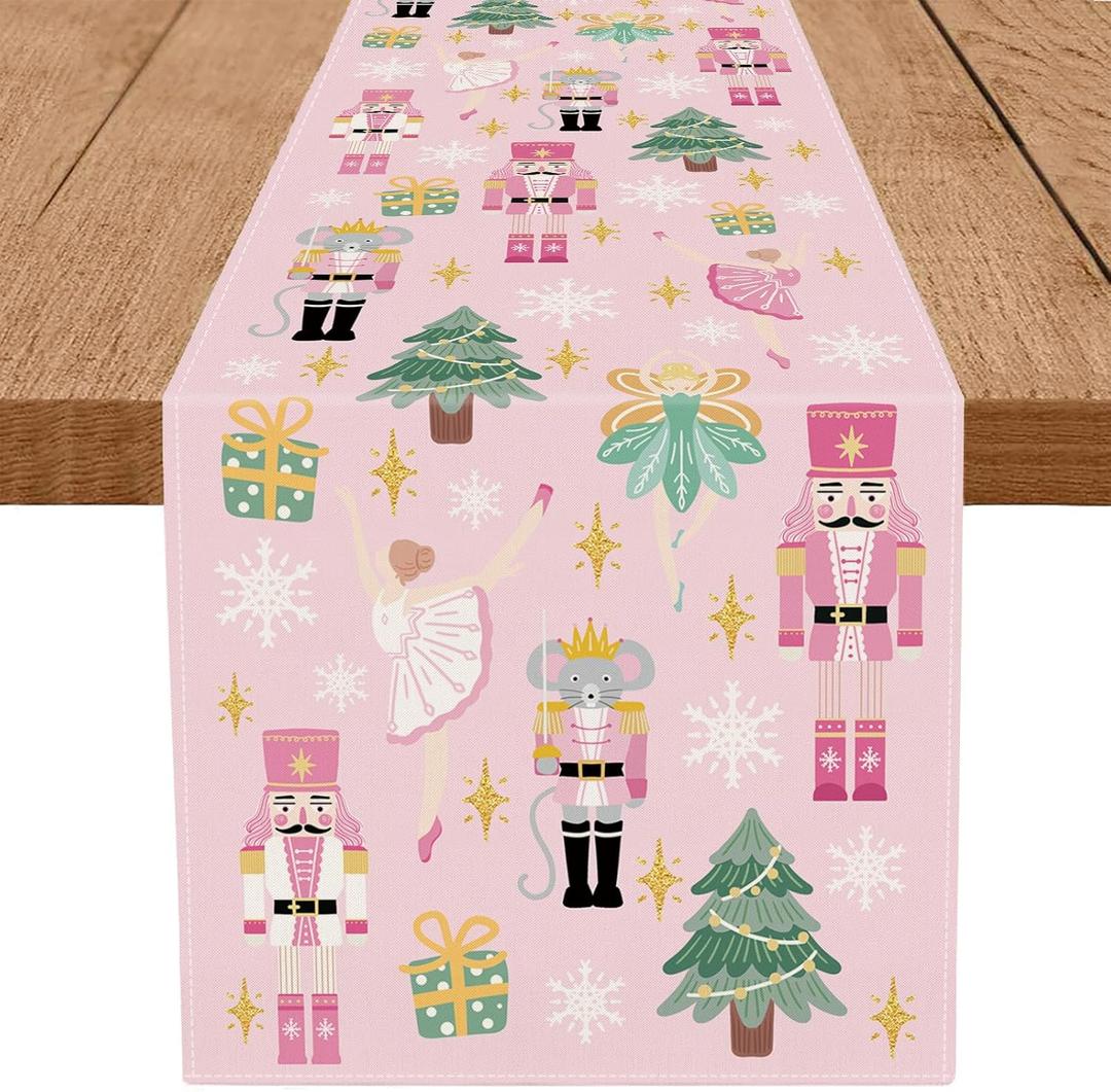 Pink Table Runner Pastel Christmas Nutcracker Table Runners Seasonal Kitchen Dining Table Decoration for Winter Home Party Banquet Decor 13x72 Inch